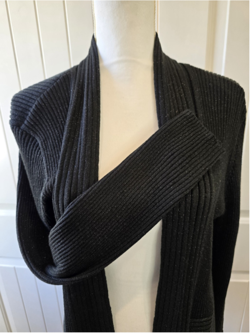 Dana Buchman Sweater Sz L Cardigan Open Front Ribbed Shimmer Black Elegant - Picture 6 of 11
